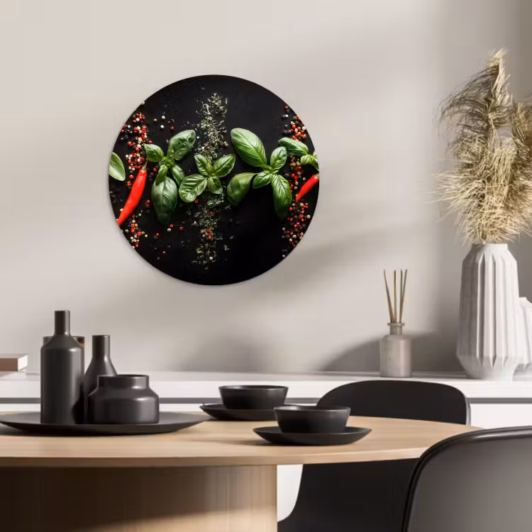 Quadro rotondo - Peperoncino - Basilico - Foglie - Rosso — 1