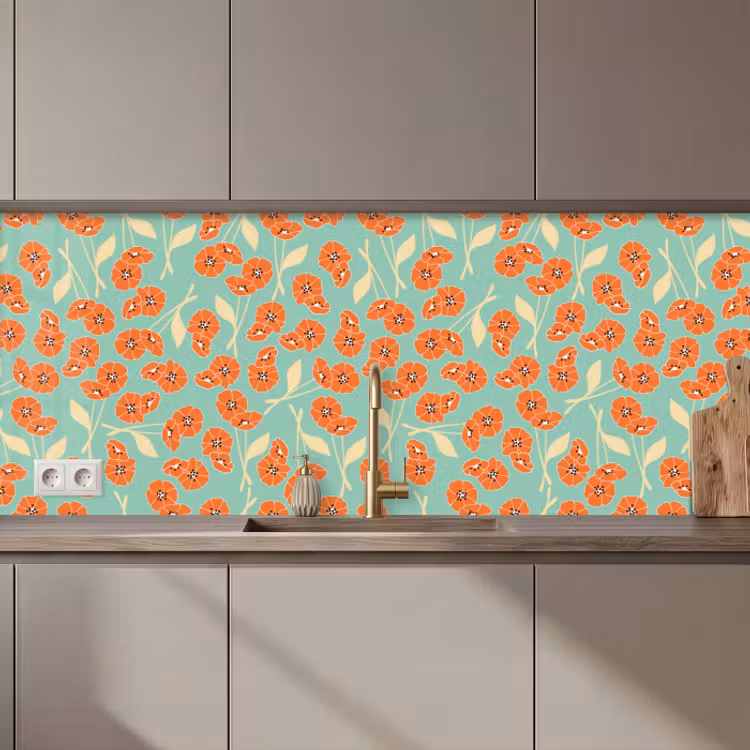Schienale cucina - Retrò - Fiori - Design - Arancione — 1