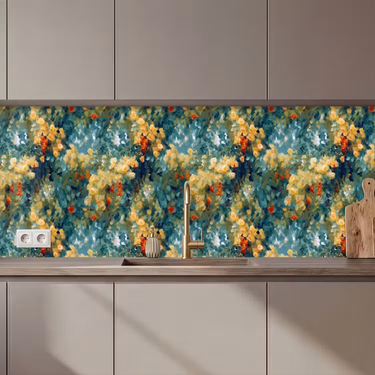 Schienale cucina - Giallo - Fiori - Verde - Foglie — 1