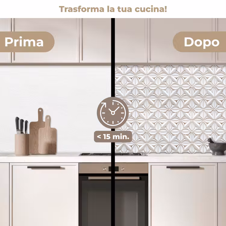 Schienale cucina - 3D - Piastrella - Fiore - Rilievo - Bianco — 3