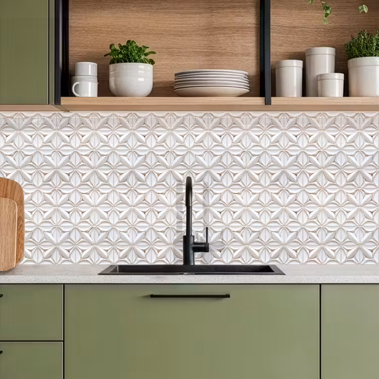 Schienale cucina - 3D - Piastrella - Fiore - Rilievo - Bianco — 8