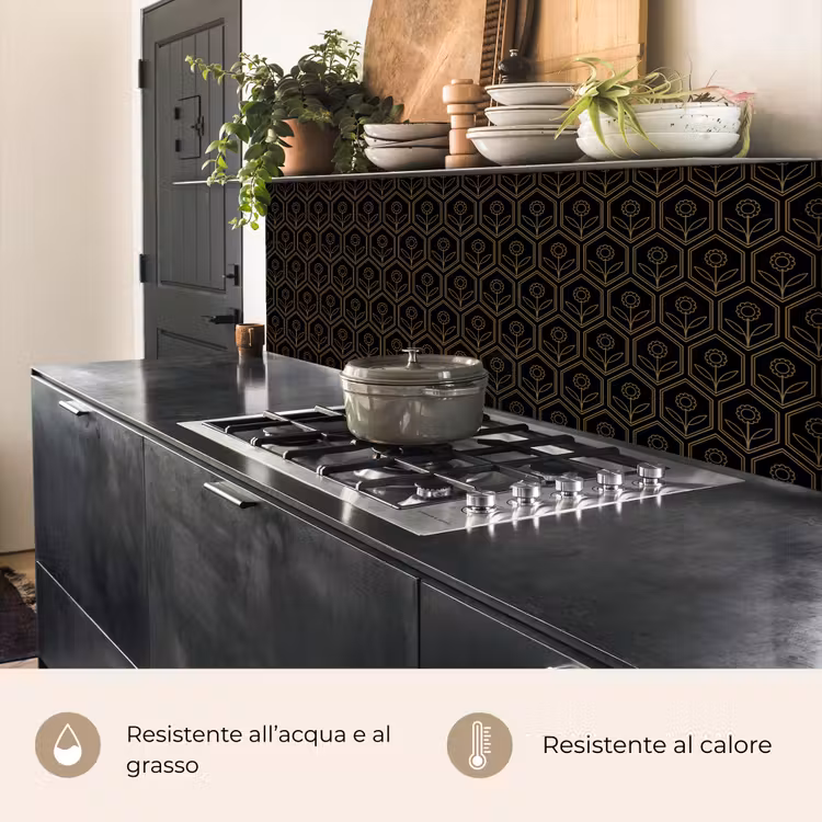 Schienale cucina - Esagono - Nero - Oro - Fiore — 5