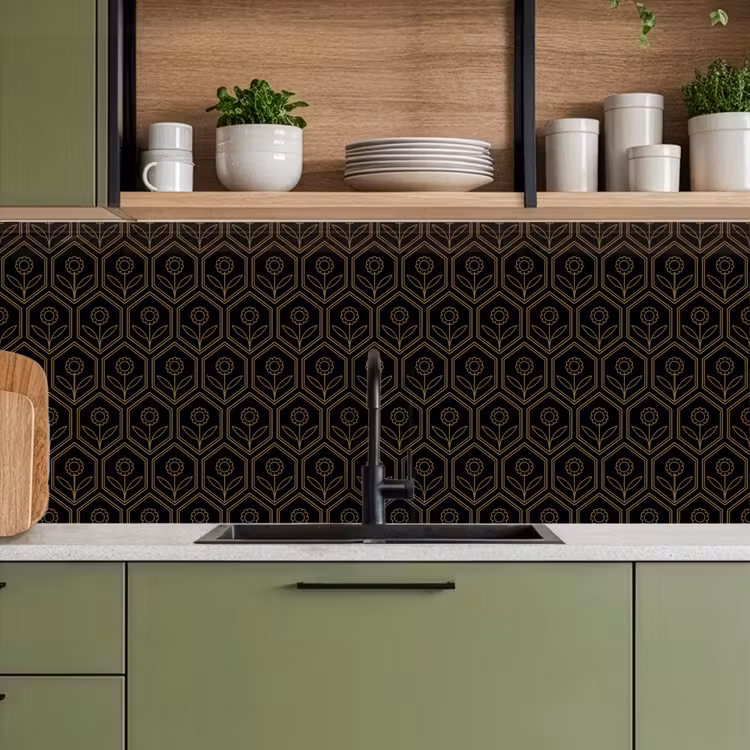 Schienale cucina - Esagono - Nero - Oro - Fiore — 8