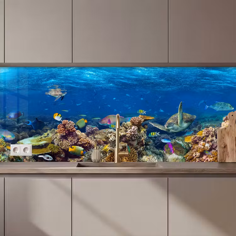 Schienale cucina - Paesaggio subacqueo - Pesce - Tartaruga - Blu — 1