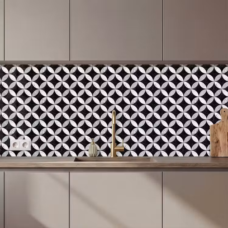 Schienale cucina - Cerchio - Piastrelle - Marmo - Nero - Bianco — 1