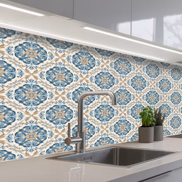 Schienale cucina - Piastrella - Motivo - Blu - Oro — 2
