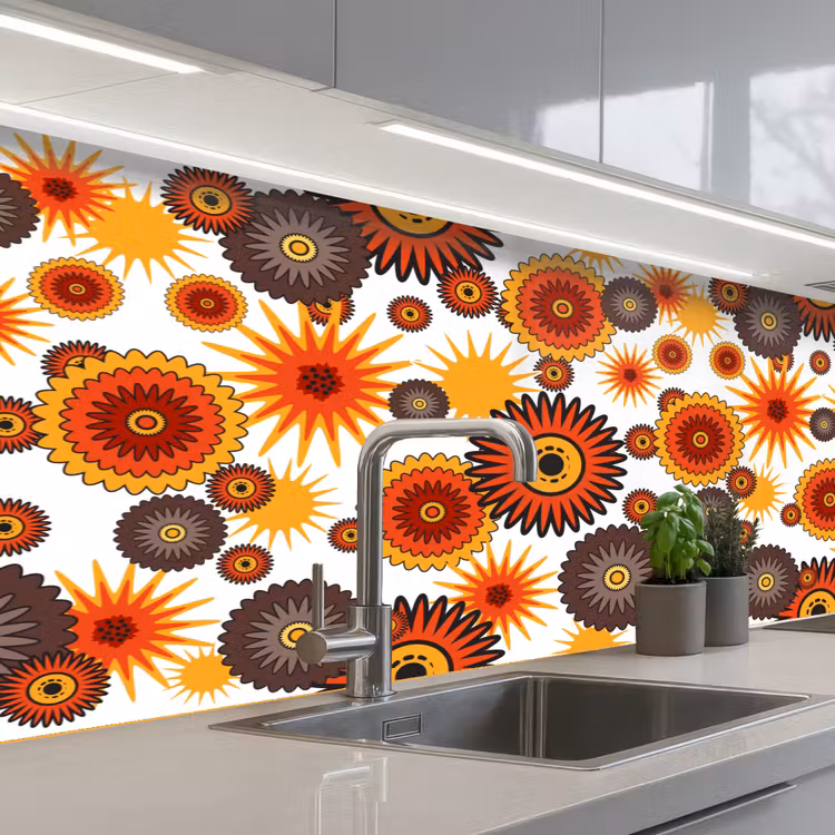 Schienale cucina - Design - Retrò - Arancione - Fiori — 2