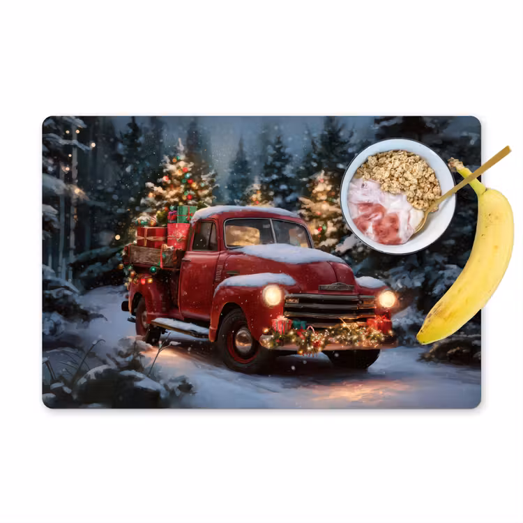 Tovaglietta in vinile - Camion di Natale - Foresta di neve - Rosso — 1