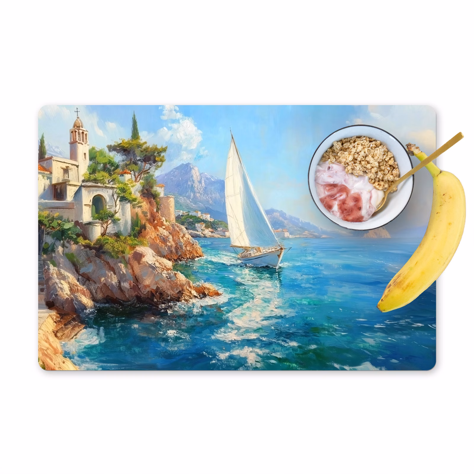 Tovaglietta in vinile - Barca a vela - Rocce - Costa - Case — 1
