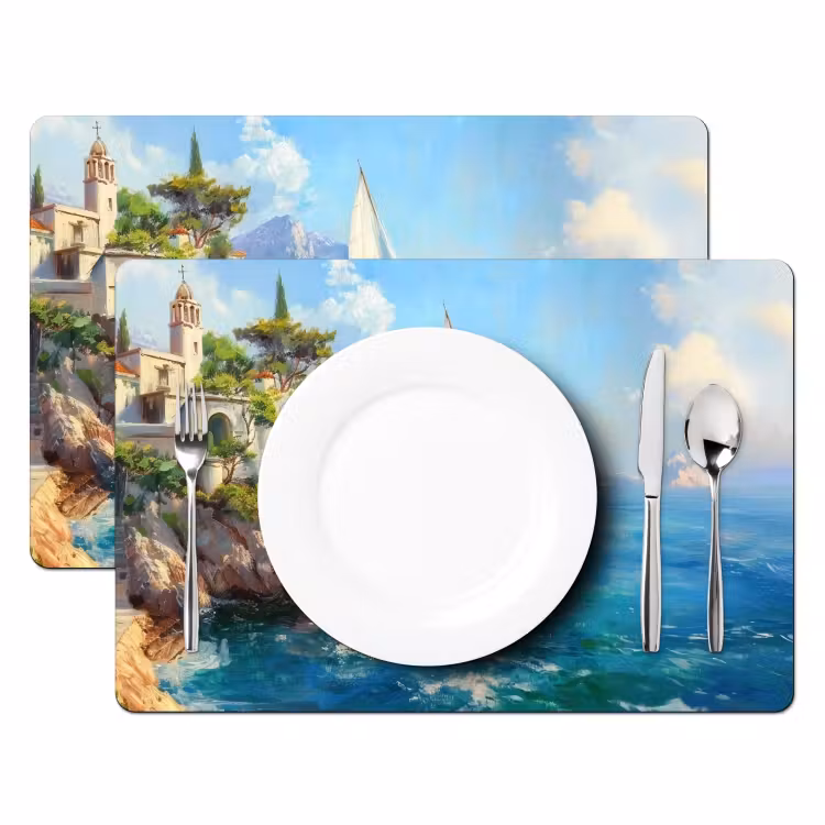 Tovaglietta in vinile - Barca a vela - Rocce - Costa - Case — 2