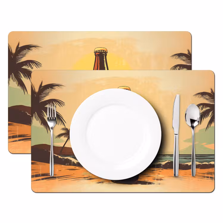 Tovaglietta in vinile - Bottiglia di birra - Tramonto - Palme - Mare — 2