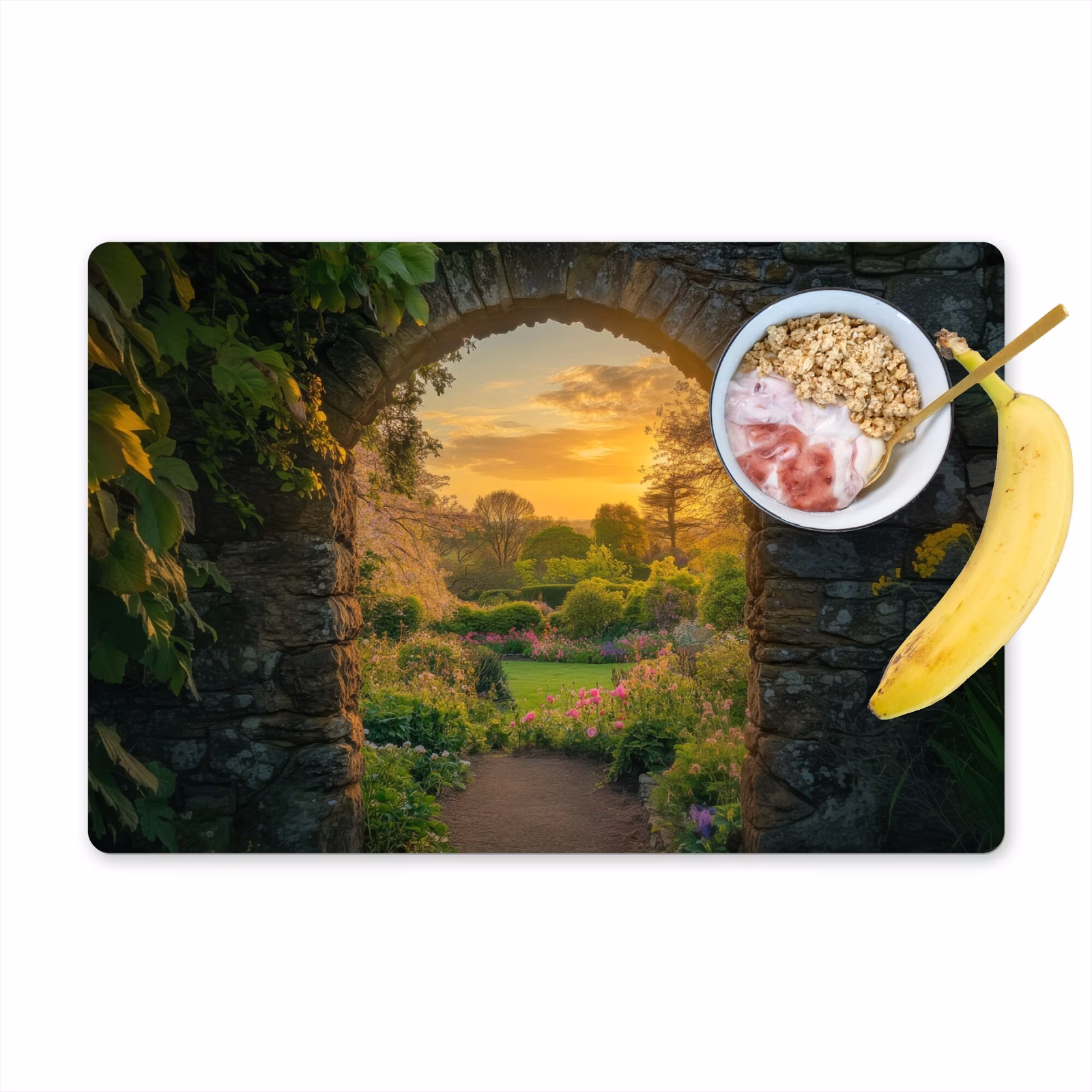 Tovaglietta in vinile - Cancello - Piante - Tramonto — 1