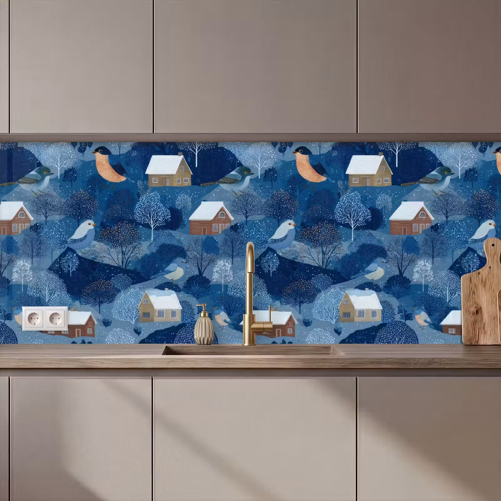 Schienale cucina - Case - Uccelli - Neve - Blu — 1