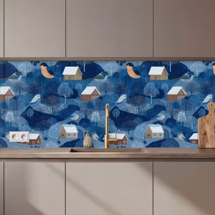 Schienale cucina - Case - Uccelli - Neve - Blu — 1