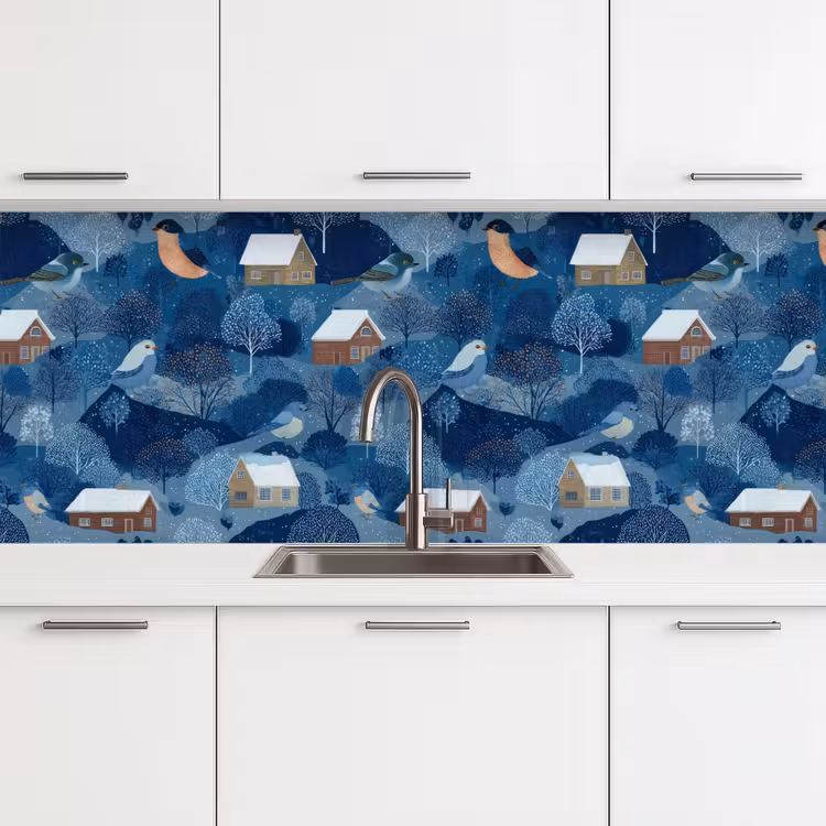 Schienale cucina - Case - Uccelli - Neve - Blu — 4