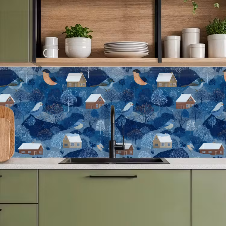 Schienale cucina - Case - Uccelli - Neve - Blu — 8