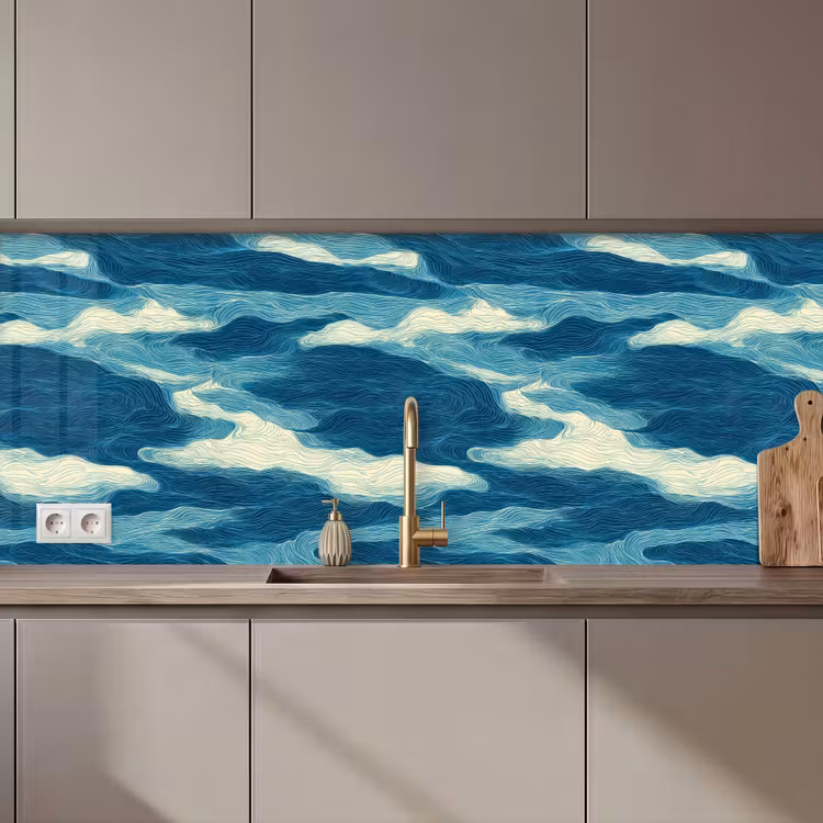 Schienale cucina - Onde - Astratto - Motivo - Blu - Bianco — 1
