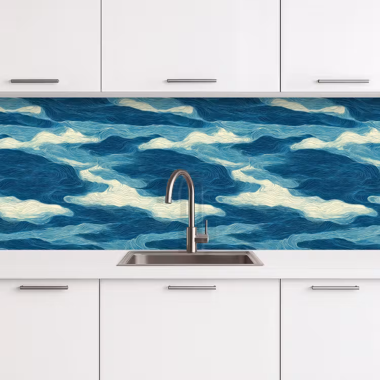 Schienale cucina - Onde - Astratto - Motivo - Blu - Bianco — 4