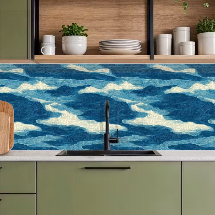 Schienale cucina - Onde - Astratto - Motivo - Blu - Bianco — 8