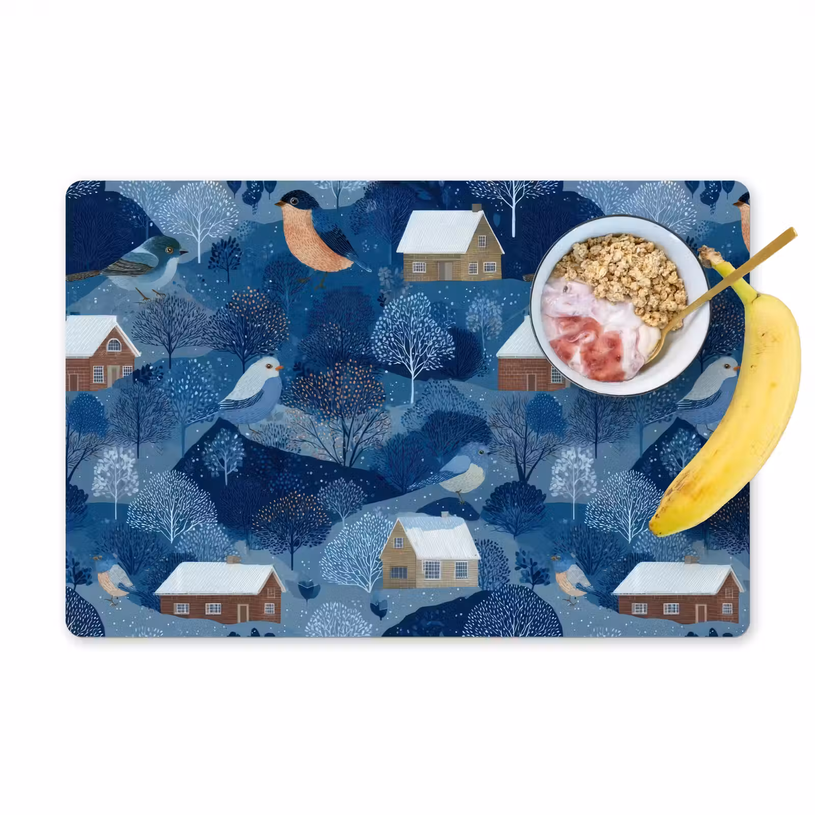 Tovaglietta – 6 pezzi - Case - Uccelli - Neve - Blu — 1