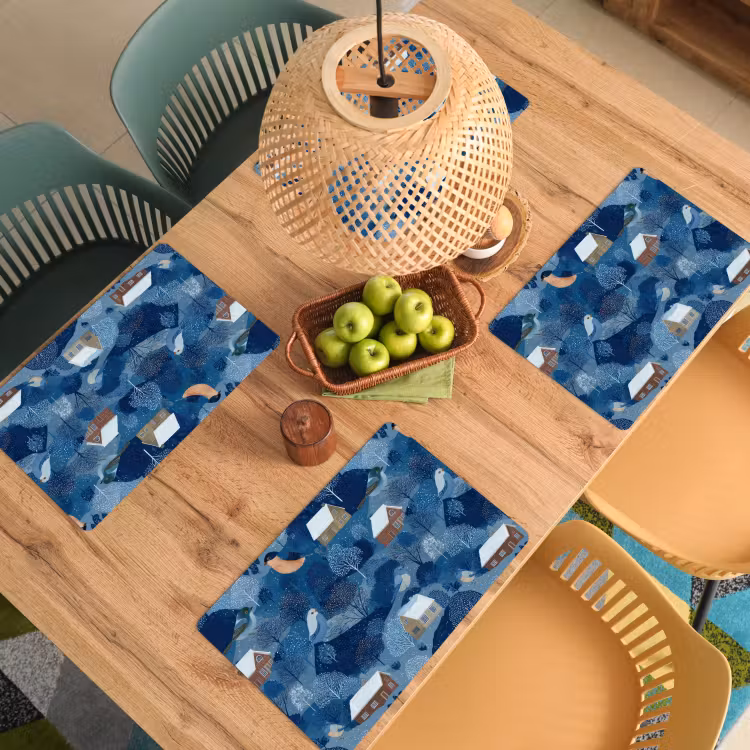 Tovaglietta – 6 pezzi - Case - Uccelli - Neve - Blu — 3