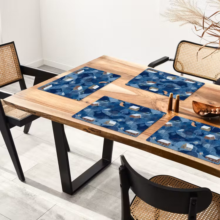 Tovaglietta – 6 pezzi - Case - Uccelli - Neve - Blu — 4