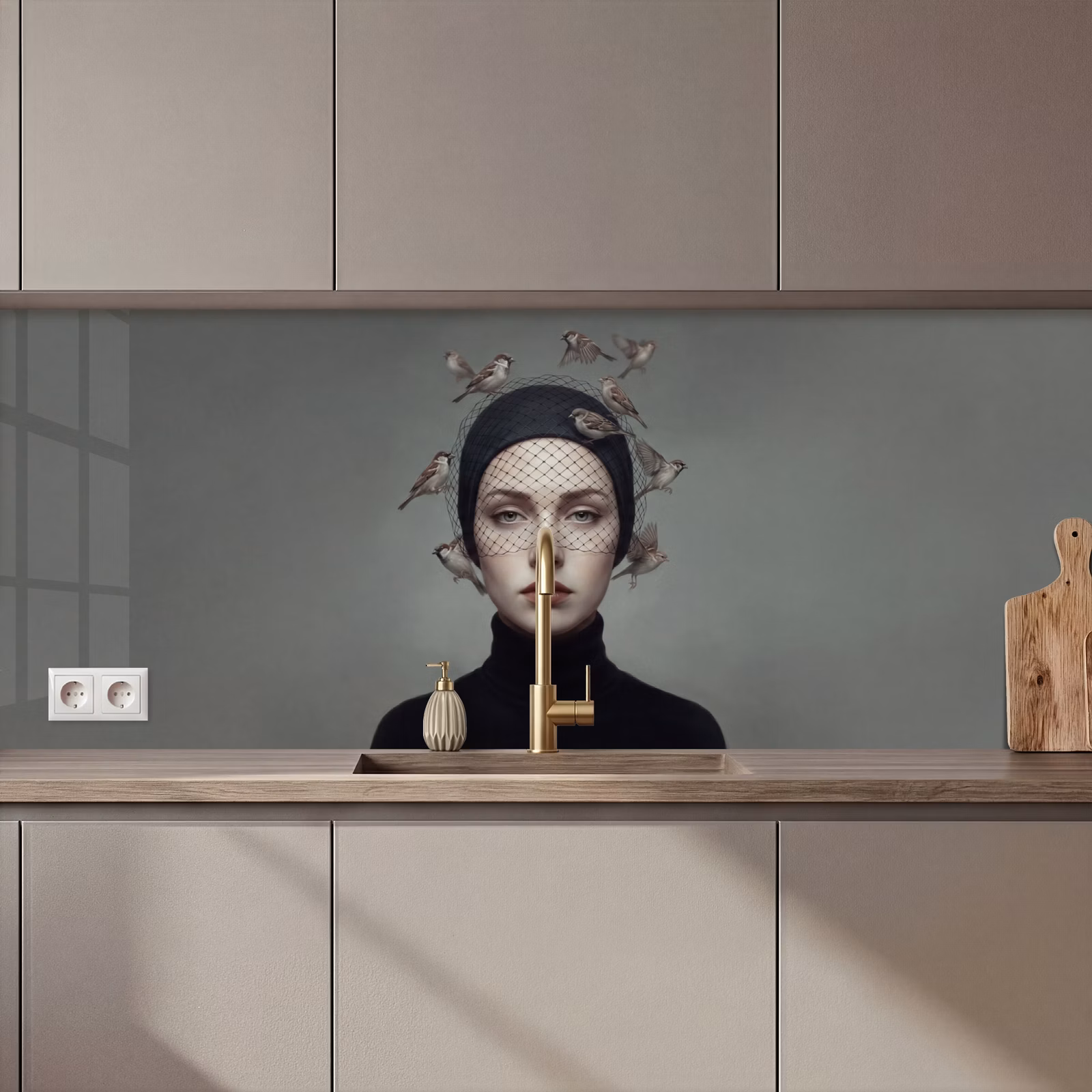 Schienale cucina - Ritratto - Uccelli - Nero — 1