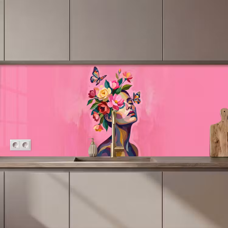 Schienale cucina - Volto di donna - Farfalle - Colorato — 1
