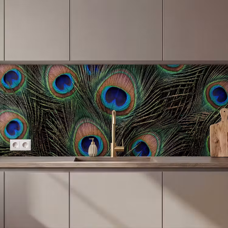 Schienale cucina - Piume di pavone - Classico - Verde — 1