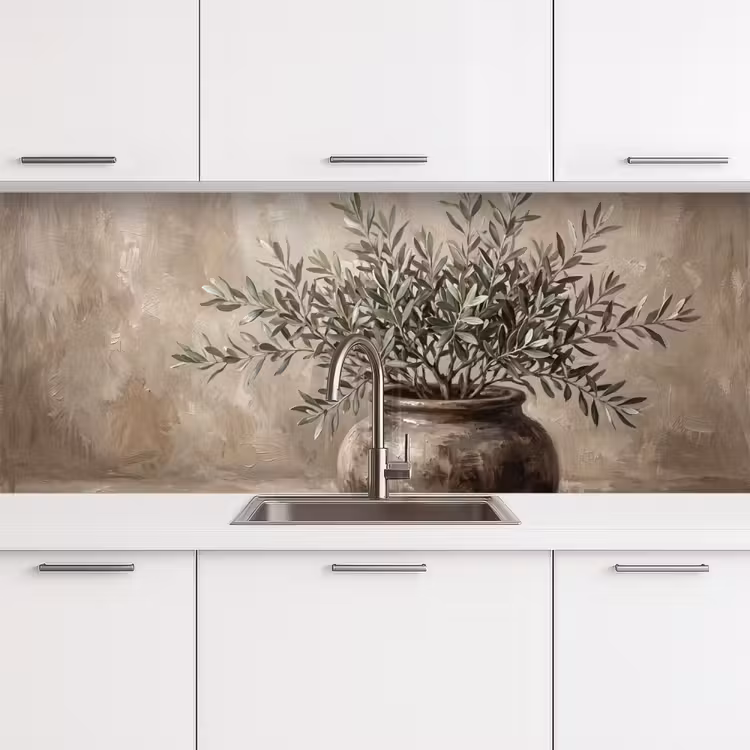 Schienale cucina - Pianta di ulivo - Vaso di terra - Astratto - Beige — 4