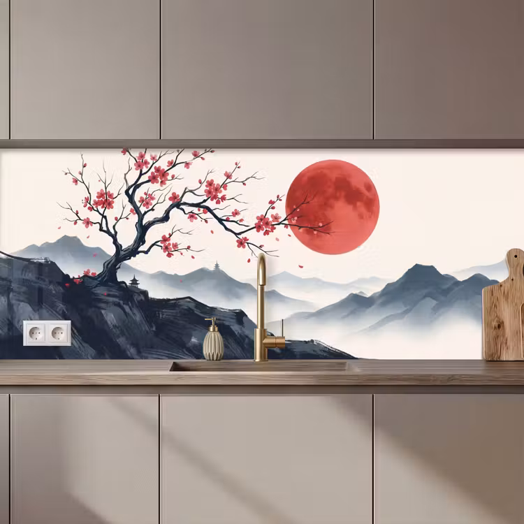 Schienale cucina - Fiori di ciliegio - Orientale - Rosso — 1