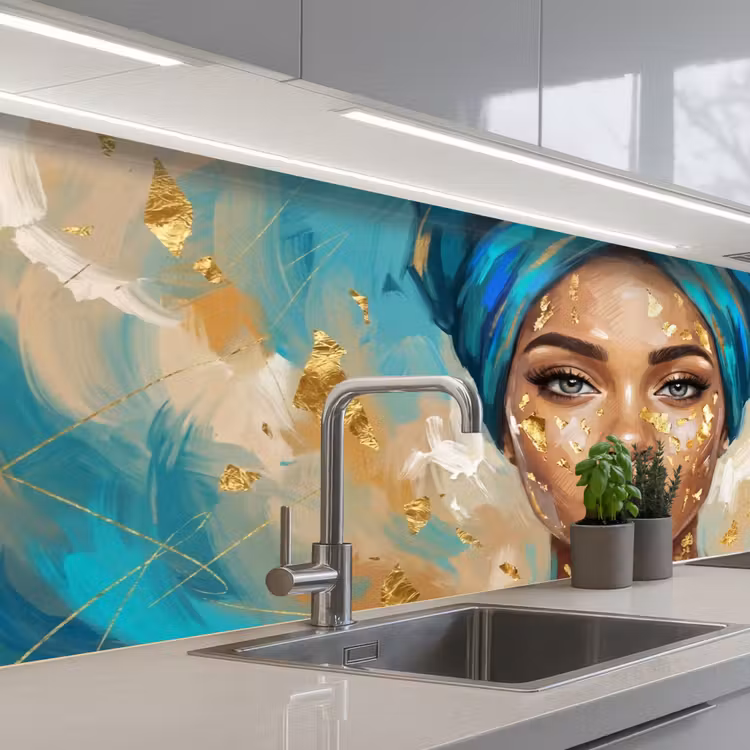 Schienale cucina - Ritratto - Donna - Pittura - Blu - Oro - Espressivo — 2