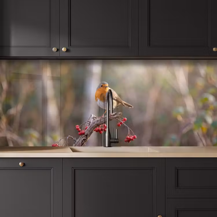 Schienale cucina - Pettirosso - Ramo - Bacche - Natura — 6