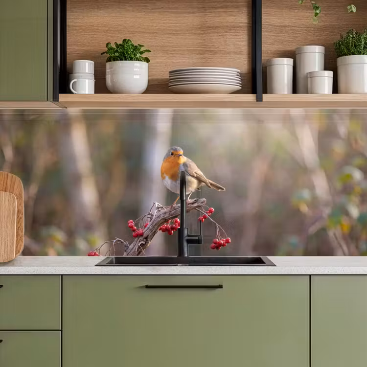 Schienale cucina - Pettirosso - Ramo - Bacche - Natura — 8
