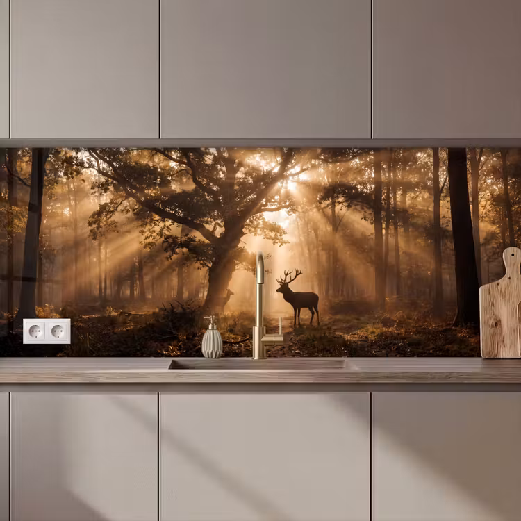 Schienale cucina - Cervo - Foresta - Nebbia - Natura - Oro — 1