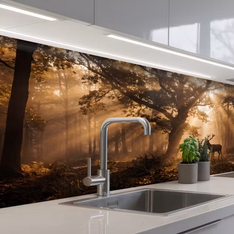 Schienale cucina - Cervo - Foresta - Nebbia - Natura - Oro — 2