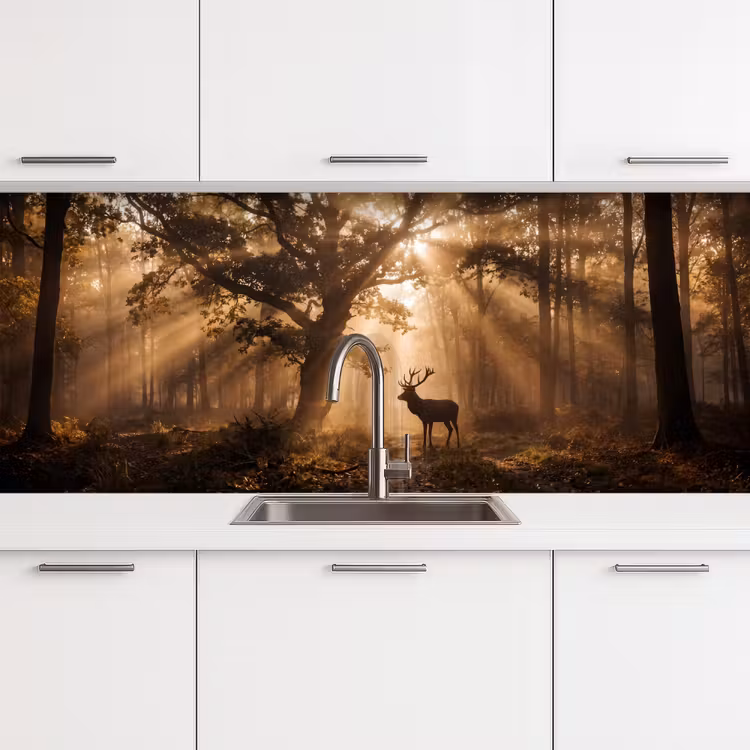 Schienale cucina - Cervo - Foresta - Nebbia - Natura - Oro — 4