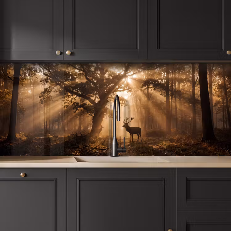 Schienale cucina - Cervo - Foresta - Nebbia - Natura - Oro — 6