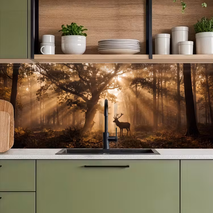 Schienale cucina - Cervo - Foresta - Nebbia - Natura - Oro — 8