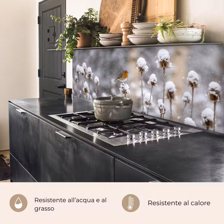 Schienale cucina - Pettirosso - Fiore essiccato - Neve - Inverno - Accattivante — 5