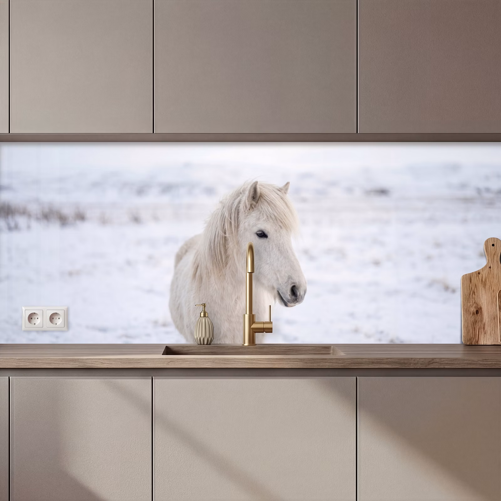 Schienale cucina - Cavallo - Testa - Inverno - Animali - Bianco — 1