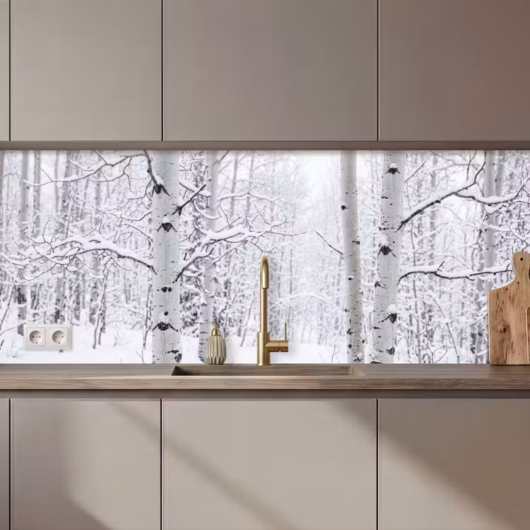 Schienale cucina - Betulle - Neve - Inverno - Foresta - Bianco — 1