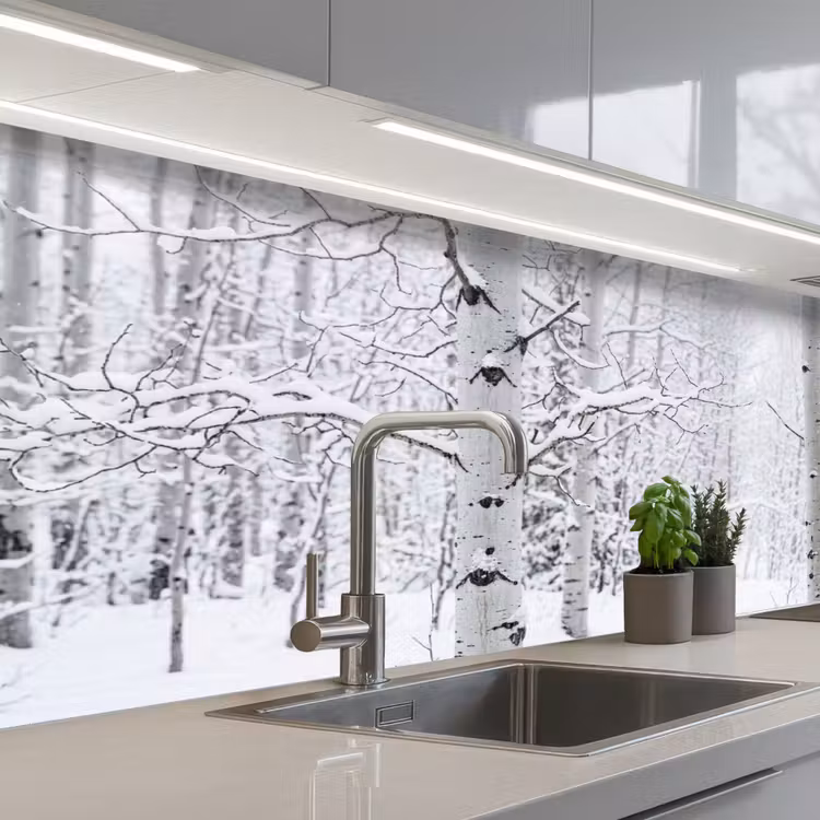 Schienale cucina - Betulle - Neve - Inverno - Foresta - Bianco — 2