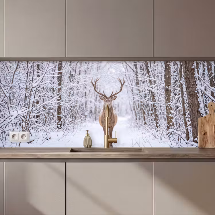 Schienale cucina - Cervo - Inverno - Foresta - Natura - Bianco — 1
