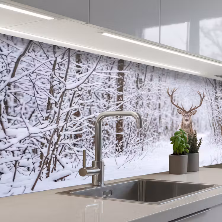 Schienale cucina - Cervo - Inverno - Foresta - Natura - Bianco — 2