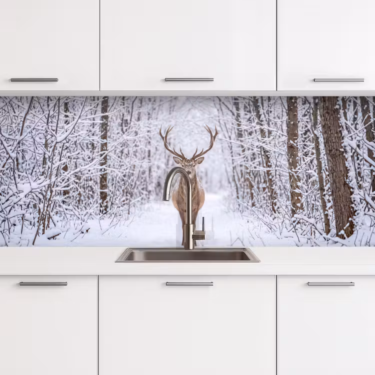 Schienale cucina - Cervo - Inverno - Foresta - Natura - Bianco — 4