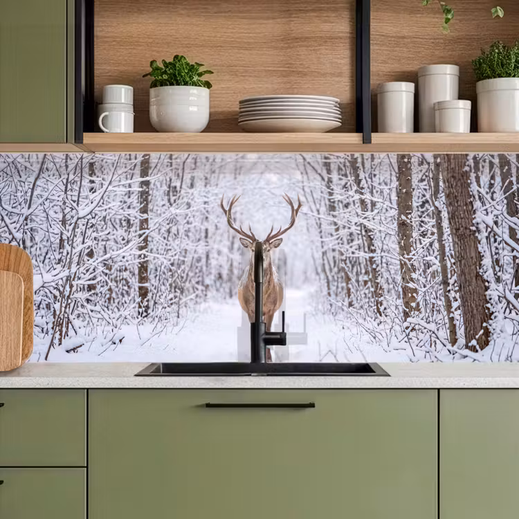 Schienale cucina - Cervo - Inverno - Foresta - Natura - Bianco — 8