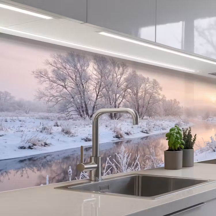 Schienale cucina - Fiume - Inverno - Paesaggio - Neve - Alba — 2