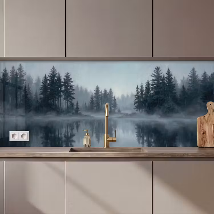 Schienale cucina - Foresta - Lago - Nebbia - Natura - Grigio — 1