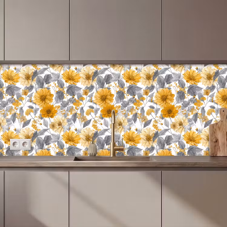 Schienale cucina - Fiori - Botanico - Elegante - Giallo ocra - Grigio — 1